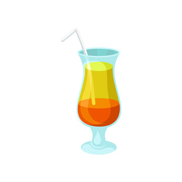 Layered orange and yellow alcoholic cocktail with straw cartoon vector Illustration