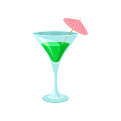 Creen cocktail with umbrella in martini glass cartoon vector Illustration