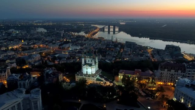 Aerial sunrise view of Orthodox church. St. Andrew's Church in Kiev, Ukraine. 
Ukrainian baroque in architecture