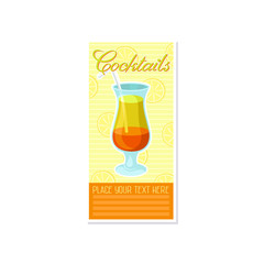 Layered orange and yellow alcoholic cocktail with straw banner, summer drink, cocktail party celebration flyer, invitation or card vector Illustration