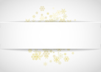 Glitter snowflakes frame on white horizontal background. Paper Christmas and New Year frame for gift certificate, ads, banners, flyers. Falling snow with golden glitter snowflakes for party invite