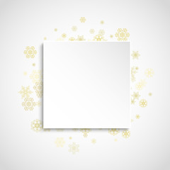 Christmas snow on white background. Glitter frame for winter banners, gift coupon, voucher, ads, party event. Paper banner with golden Christmas snow. Square falling snowflakes for holiday