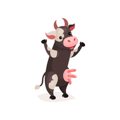 Funny spotted cow, milk cow standing on two legs cartoon vector Illustration