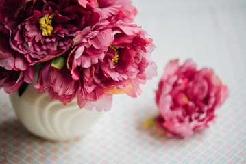 Beautiful  bunch of peony. Spring or summer lovely bouquet. Card, text place, copy space. Wallpaper, trendy color.