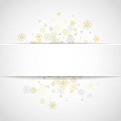 Glitter snowflakes frame on white square background. Paper Christmas and New Year frame for gift certificate, ads, banners, flyers. Falling snow with golden glitter snowflakes for party invite
