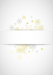 New Year snow on vertical white paper background. Gold glitter snowflakes. Christmas and New Year snow falling backdrop. For season sales, special offers, banner, cards, party invite, flyer.