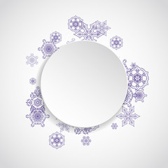 Xmas sales with ultra violet snowflakes.  Winter border for flyer, gift card, invitation, business offer and ad. Christmas white background. Paper banner for xmas sales. New Year snowy backdrop
