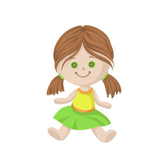 Cute soft doll with brown hair and button eyes sitting on the floor, sewing toy cartoon vector Illustration
