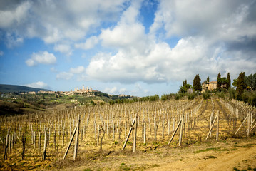 Obraz premium San Gimignano medieval town towers skyline and countryside landscape panorama. Tuscany, Italy, Europe.