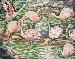 batik painting of flamingos © Anna Khomulo