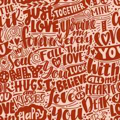 Fototapeta na wymiar Love pattern. Seamless pattern with phrases and words about love. Can be used for wedding or Valentine's day decoration