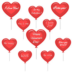 Set of cute red hearts of balloons with different congratulations on Valentine's Day .