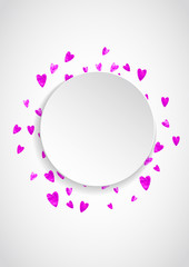 Valentine paper badge with red glitter hearts. February 14th day. Vector confetti for valentine paper badge. White banner with hand drawn texture. Love theme for poster, gift certificate, banner