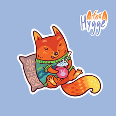 Cute baby fox with coffee. Cute decorative patch in vector