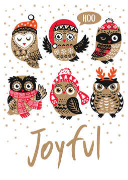 Winter print with cartoon owls and text Joyful in vector