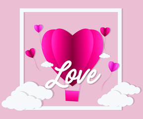 Valentines day , Illustration of love , Hot air balloon in a heart shape flying on sky , paper art