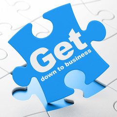 Finance concept: Get Down to business on Blue puzzle pieces background, 3D rendering