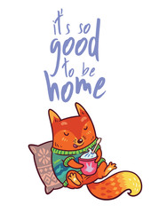 Home fox vector illustration print. Coffee time