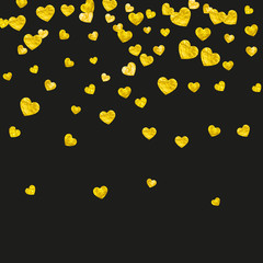 Heart border for Valentines day with gold glitter. February 14th day. Vector confetti for heart border template. Grunge hand drawn texture. Love theme for gift coupons, vouchers, ads, events.