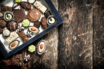 Chocolate candies in a box.