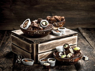 Chocolate candies in a bowls.