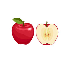 Red apple whole and half  isolated on white background. Vector illustration. Healthy food design. ingredients for cooking.