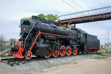 Russia, the Orenburg region, the village of Abdulino. May 16, 2010: Monument to the locomotive. The...
