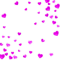 Valentines day card with pink glitter hearts. February 14th. Vector confetti for valentines day card template. Grunge hand drawn texture. Love theme for special business offer, banner, flyer.