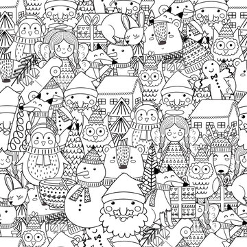 Merry Christmas seamless pattern for coloring book. Black and white background. Vector illustration