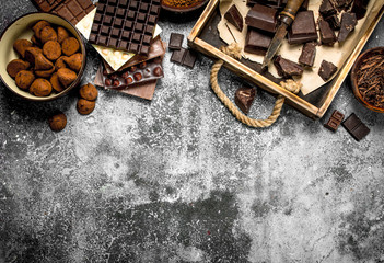 Different chocolate with truffles.