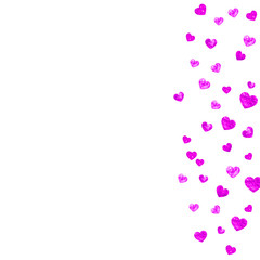 Valentines day sale with pink glitter hearts. February 14th day. Vector confetti for valentines day sale template. Grunge hand drawn texture. Love theme for gift coupons, vouchers, ads, events.