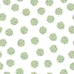 Seamless pattern with fresh green plants on white background. Hand drawn watercolor illustration.