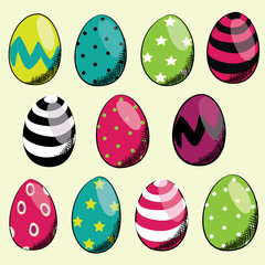 Easter eggs. Vector illustration of various colored eggs with stripes and dots on light yellow background