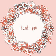 Vintage greeting card with wreath from daisies.  Thank you note.Vector illustration on light pink background