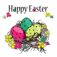 Fototapeta premium Easter eggs in nest with little colorful flowers. Vector illustration on white background