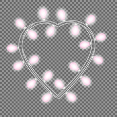 Garland in form of heart with glowing pink lights isolated on transparent background. Vector design element for Holiday cards, valentine's day, New Year, birthday, banners. Template or mock up