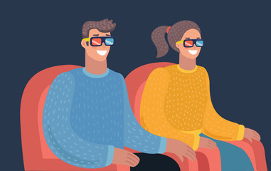 Couple watching movie in cinema theater in 3d glasses holding popcorn and soda, vector illustration