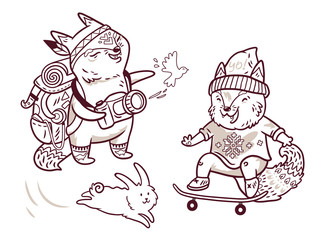 Two cute baby fox characters in outline. Tourist and skater