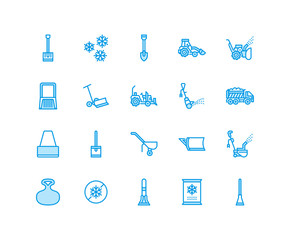 Snow removal flat line icons. Ice relocation service signs. Cold weather equipment - mini tractor, truck, front loader, shovel. Vector illustration, industrial cleaning symbols. Pixel perfect 64x64.