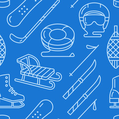 Winter sports dark blue seamless pattern, equipment rental at ski resort. Vector flat line icons - skates, hockey sticks, sleds, snowboard, snow tubing. Cold season outdoor activities.
