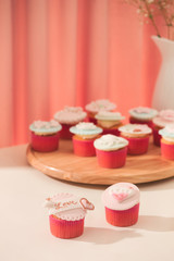 Many yummy cupcakes. Valentine sweet love cupcake on table on light background