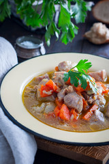 Stew of turkey thigh fillet with rustic vegetables, selective focus
