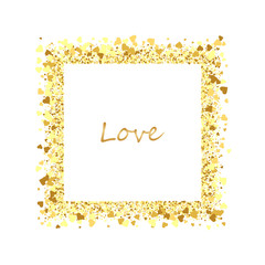 Golden splash or glittering spangles square frame with empty center for text. Golden glittering rectangle made of confetti on white background.