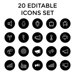 Broadcast icons. set of 20 editable outline broadcast icons