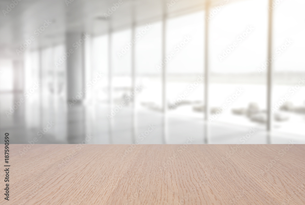 Wall mural top empty wood table on blurred abstract hallway background. can be used for display or montage your