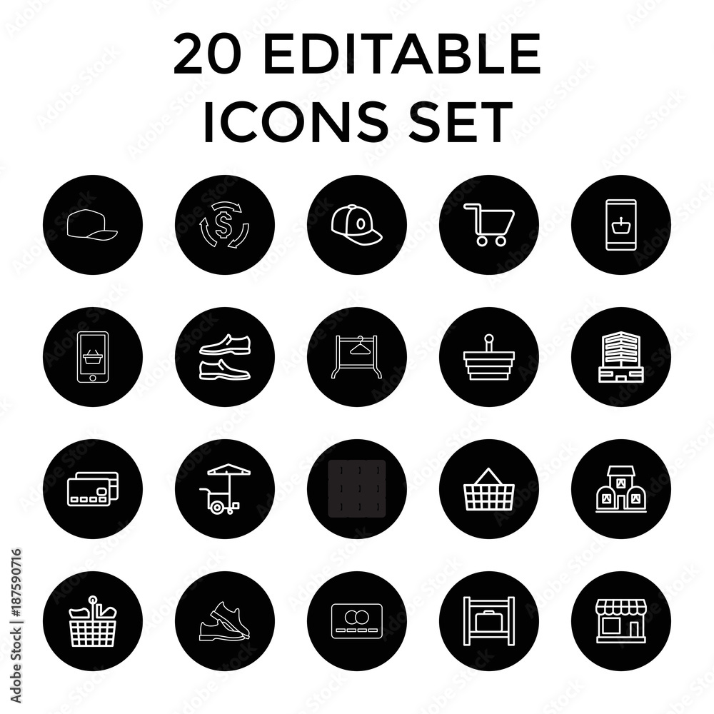 Poster store icons. set of 20 editable outline store icons