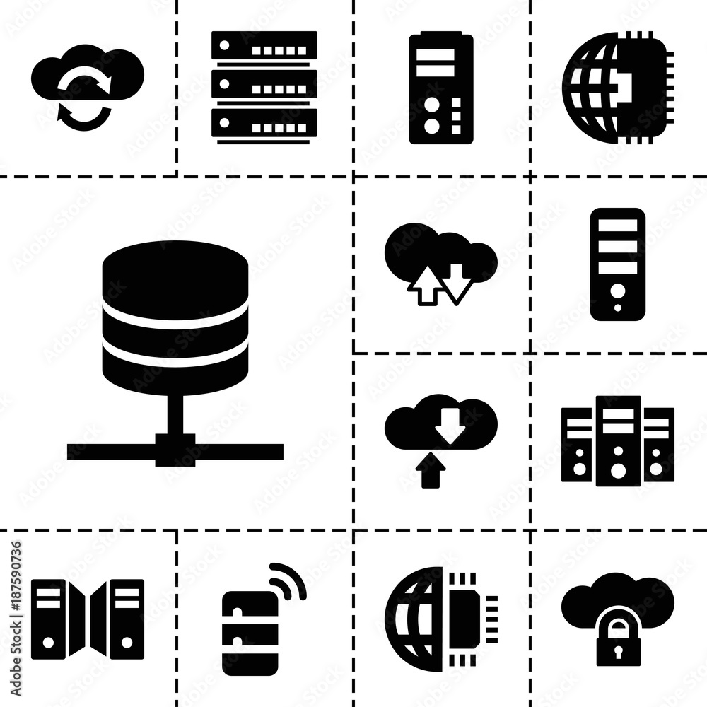Poster server icons. set of 13 editable filled server icons