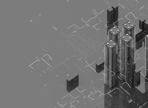 Futuristic skyscrapers in the flow. The flow of digital data. city of the future. 3D illustration. 3D rendering. Black and white