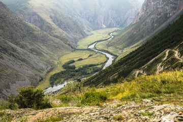 scenic landscape with mountain valley and river, Altai, Russia