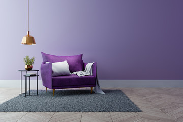 Luxury modern interior of living room ,Ultraviolet home decor concept ,purple sofa and black table with gold lamp on light purple wall and woodfloor ,3d render - obrazy, fototapety, plakaty